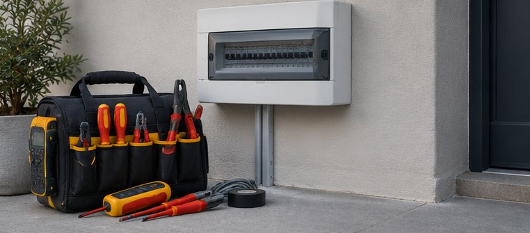 Illustrative AI image of tools beside a distribution board